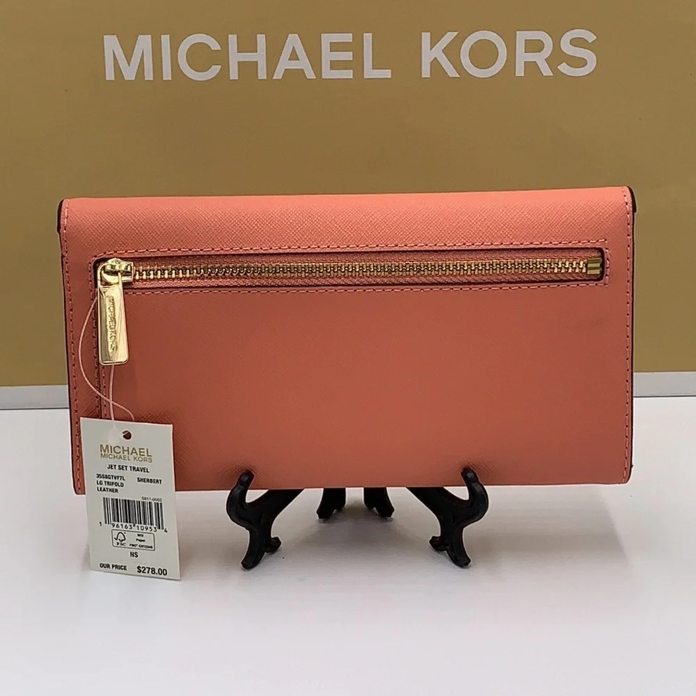 MICHAEL KORS JET SET TRAVEL LARGE TRIFOLD WALLET SHERBERT COLOR